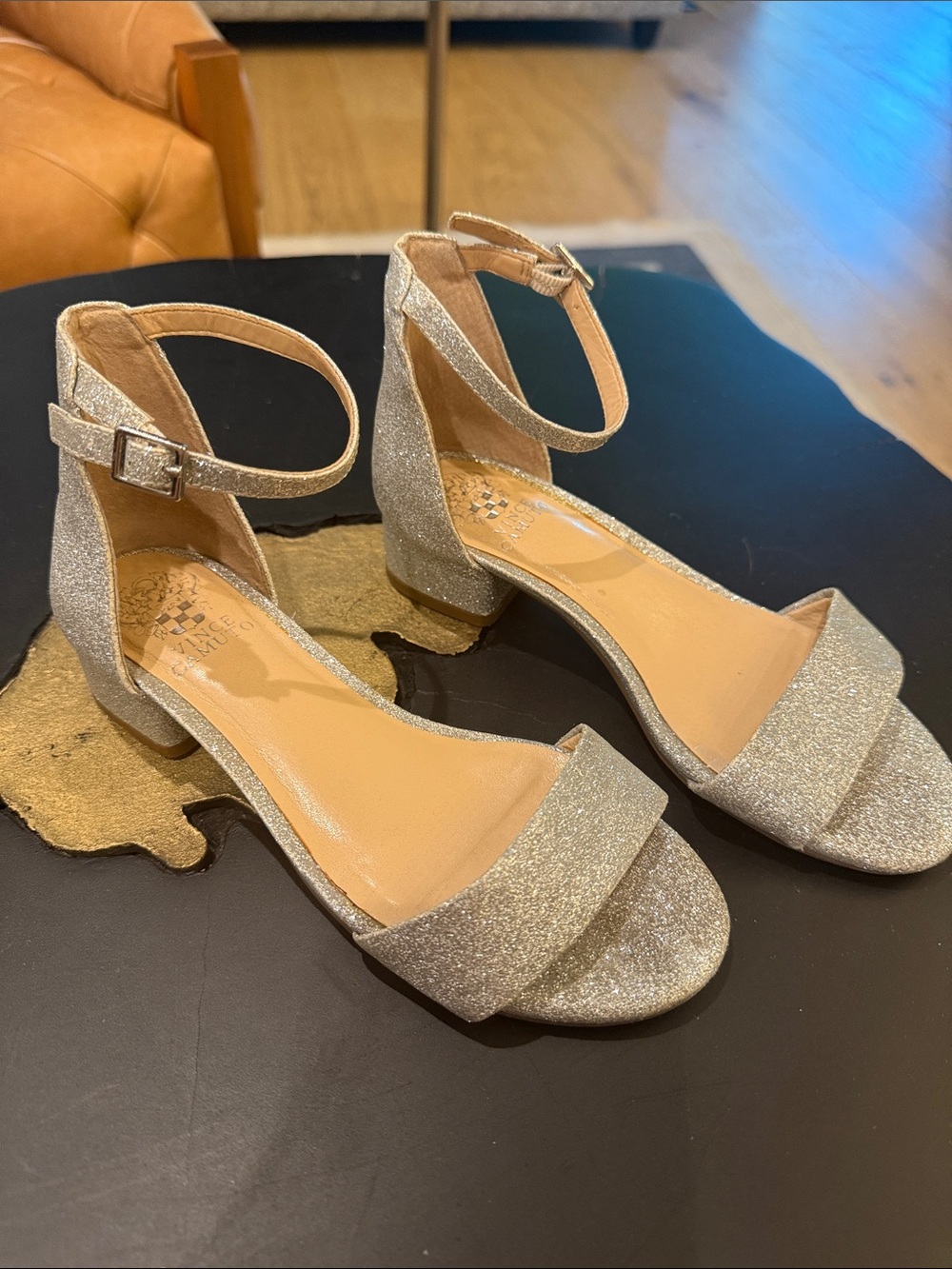 Girls Vince Camuto Silver Glitter Ankle-Strap Block Heel Sandals